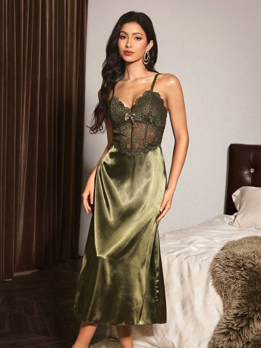 New Stylish A-Line Sweetheart Backless Lace Satin Olive Green Midi Prom Dress