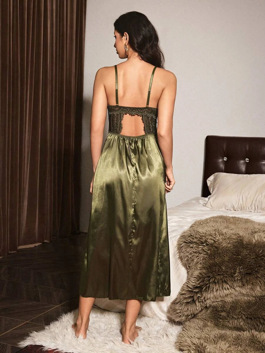 New Stylish A-Line Sweetheart Backless Lace Satin Olive Green Midi Prom Dress