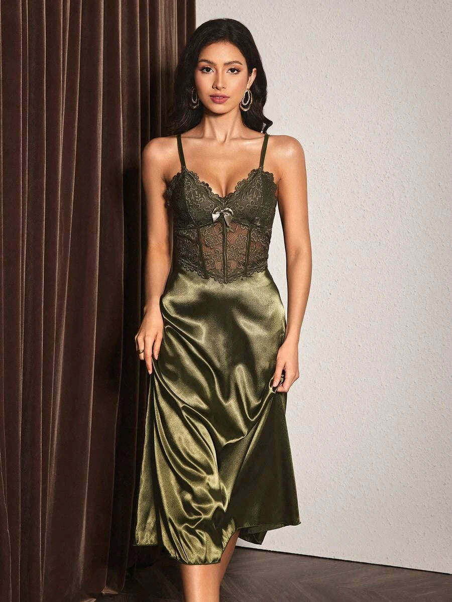 New Stylish A-Line Sweetheart Backless Lace Satin Olive Green Midi Prom Dress