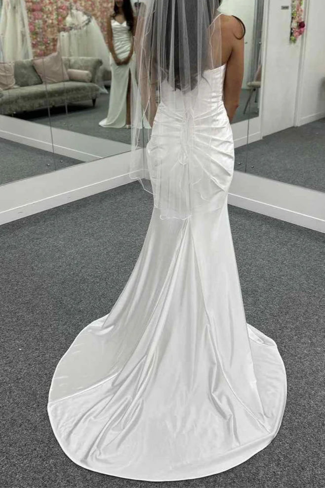 No Veils Satin Pleated Spaghetti Straps V-Neck Mermaid Beach Wedding Dress with Slit