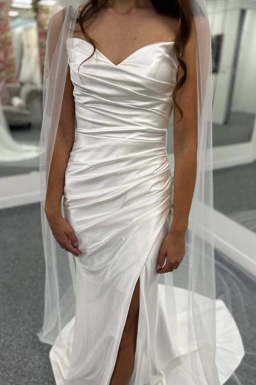 No Veils Satin Pleated Spaghetti Straps V-Neck Mermaid Beach Wedding Dress with Slit