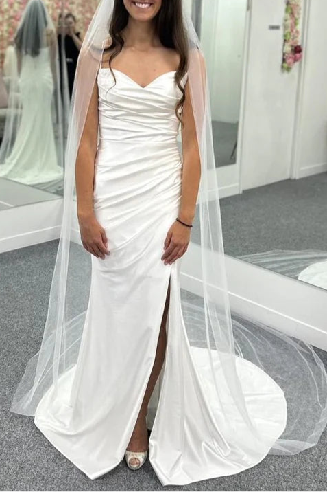No Veils Satin Pleated Spaghetti Straps V-Neck Mermaid Beach Wedding Dress with Slit