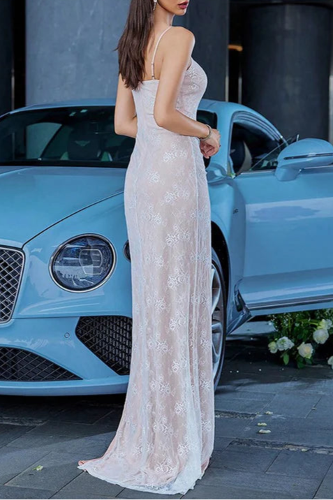 Nude Pink Floral Lace Scoop Neck Spaghetti Straps With 3D Flower Floor Length Party Dress