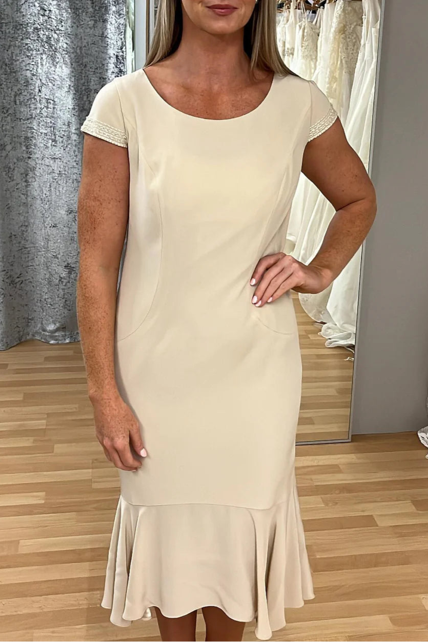Nude Polyester Round Neck Cap Sleeve Mermaid Mother of the Bride Dress With Detachable Cape