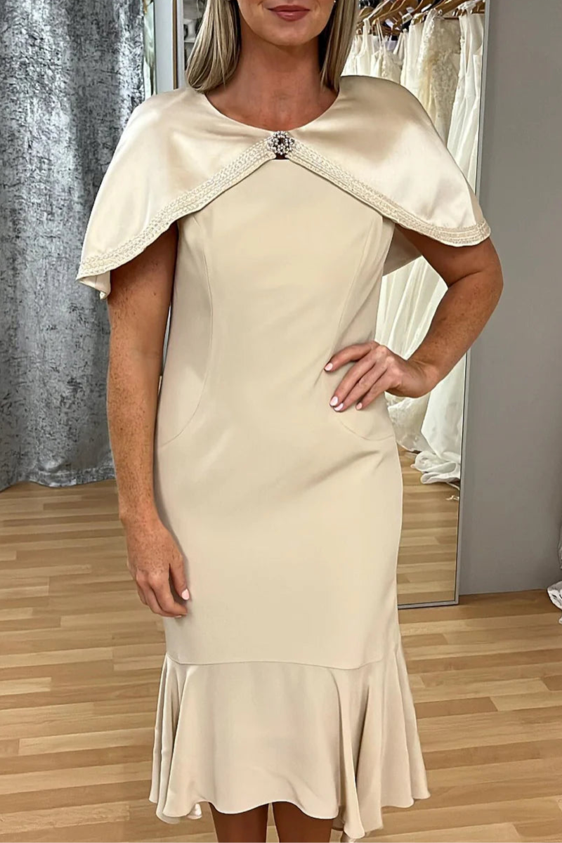 Nude Polyester Round Neck Cap Sleeve Mermaid Mother of the Bride Dress With Detachable Cape