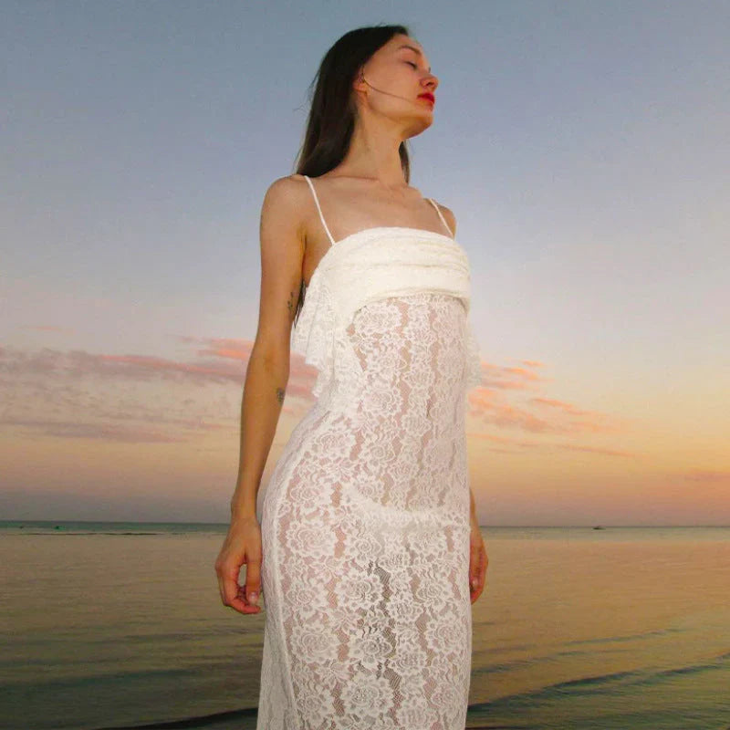 Spaghetti Straps Lace Long Prom Dress White Mermaid Evening Dress