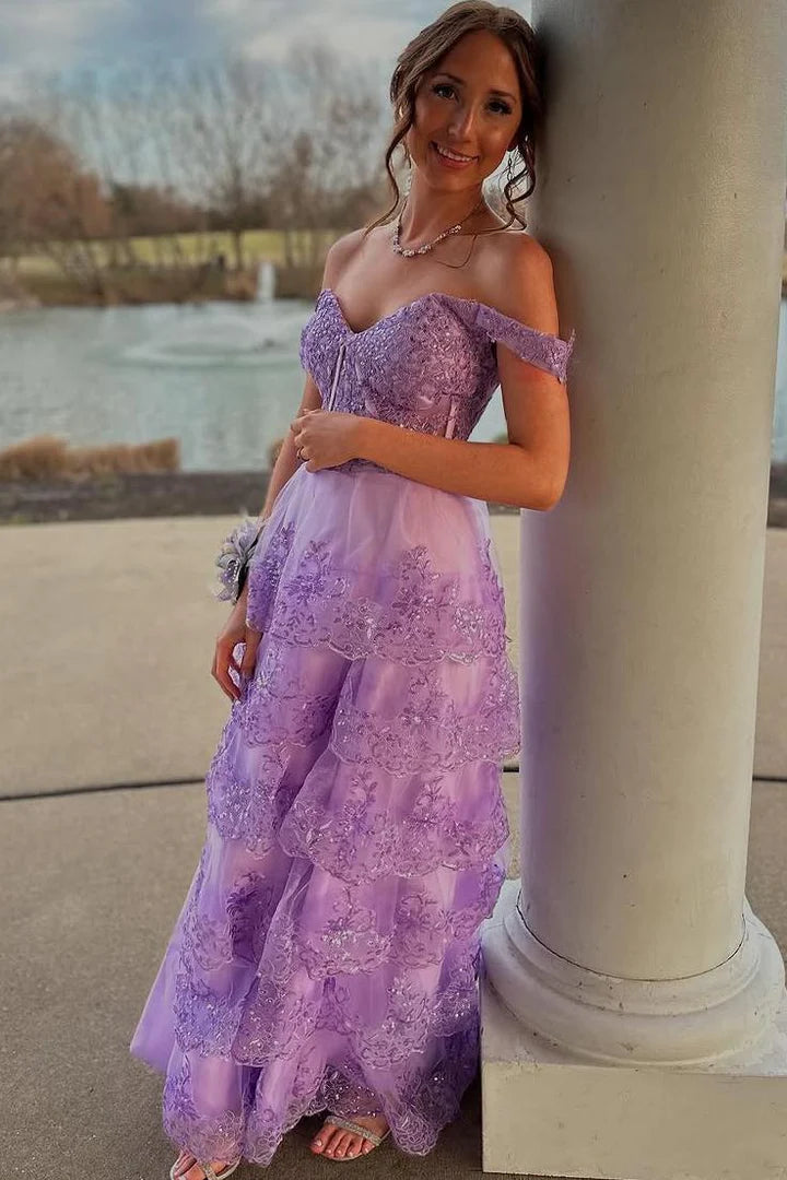 Off-Shoulder A-Line Empire-Waist Tiered Sequins Appliques Prom Dress
