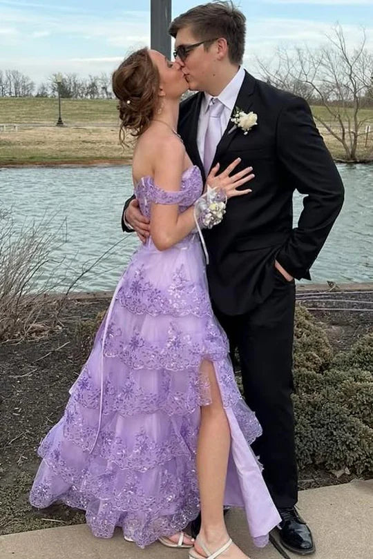 Off-Shoulder A-Line Empire-Waist Tiered Sequins Appliques Prom Dress