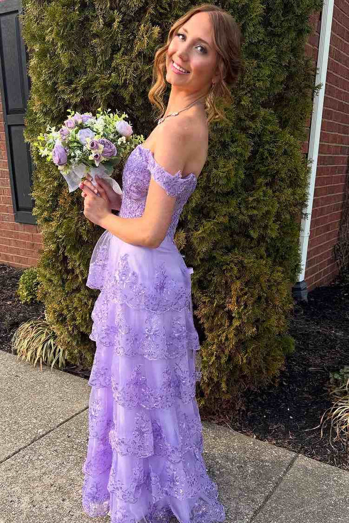 Off-Shoulder A-Line Empire-Waist Tiered Sequins Appliques Prom Dress