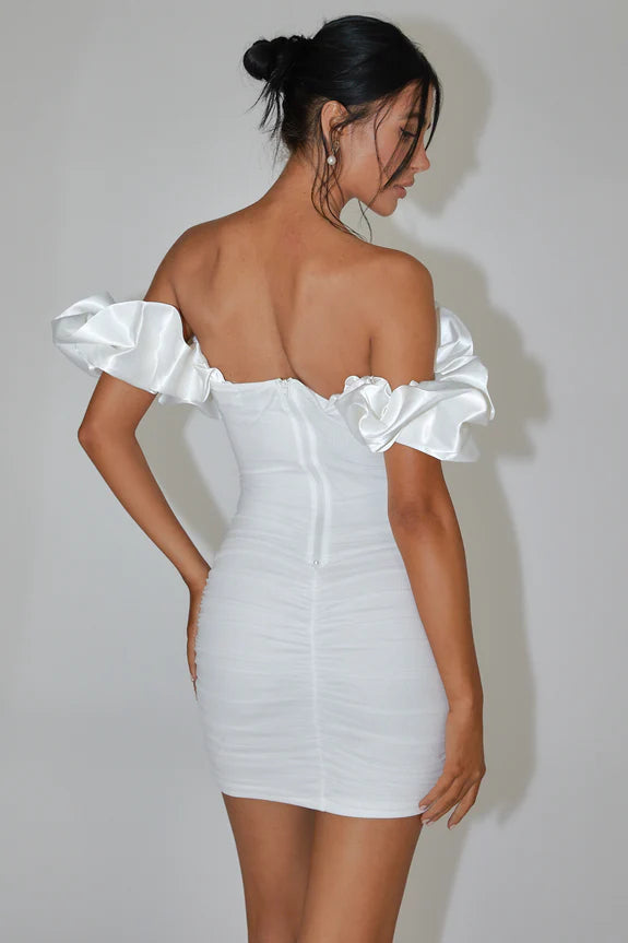 Off-Shoulder Bodycon Ruched Satin Off White Mini Homecoming Dress