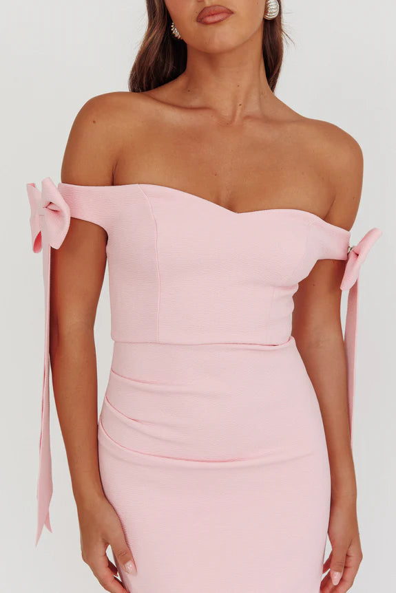 Off-Shoulder Bow Sleeve Baby Pink Maxi Prom Dress With Side Split