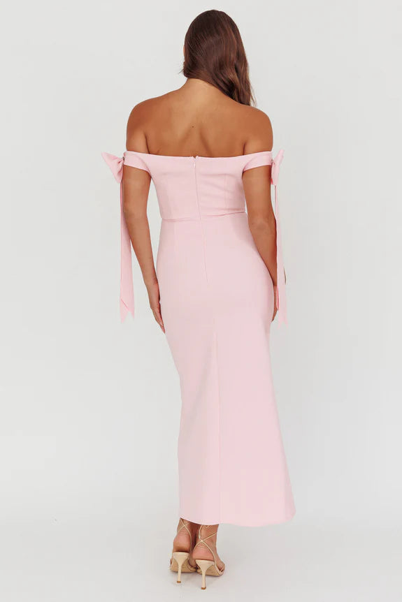 Off-Shoulder Bow Sleeve Baby Pink Maxi Prom Dress With Side Split
