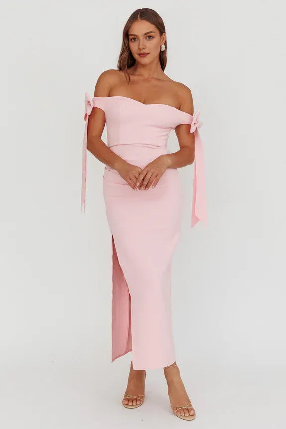 Off-Shoulder Bow Sleeve Baby Pink Maxi Prom Dress With Side Split