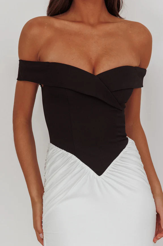 Off-Shoulder Contrasting Bodice Zipper-Back Black And White Maxi Prom Dress