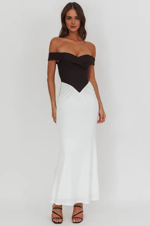 Off-Shoulder Contrasting Bodice Zipper-Back Black And White Maxi Prom Dress