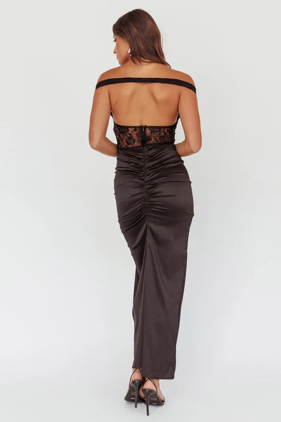 Off-Shoulder Lace Bodice Ruffle Slit Black Midi Homecoming Dress Prom Dress