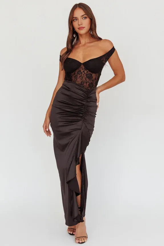 Off-Shoulder Lace Bodice Ruffle Slit Black Midi Homecoming Dress Prom Dress