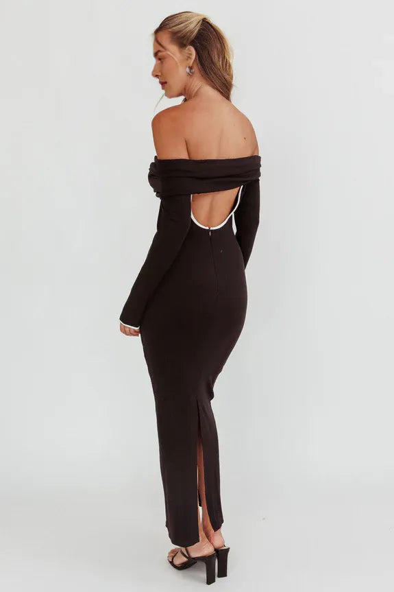 Off-Shoulder Long Sleeve Contrast Trim Black Maxi Evening Dress With Back Slit