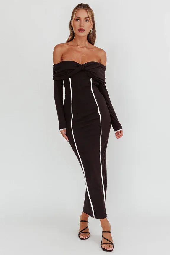 Off-Shoulder Long Sleeve Contrast Trim Black Maxi Evening Dress With Back Slit