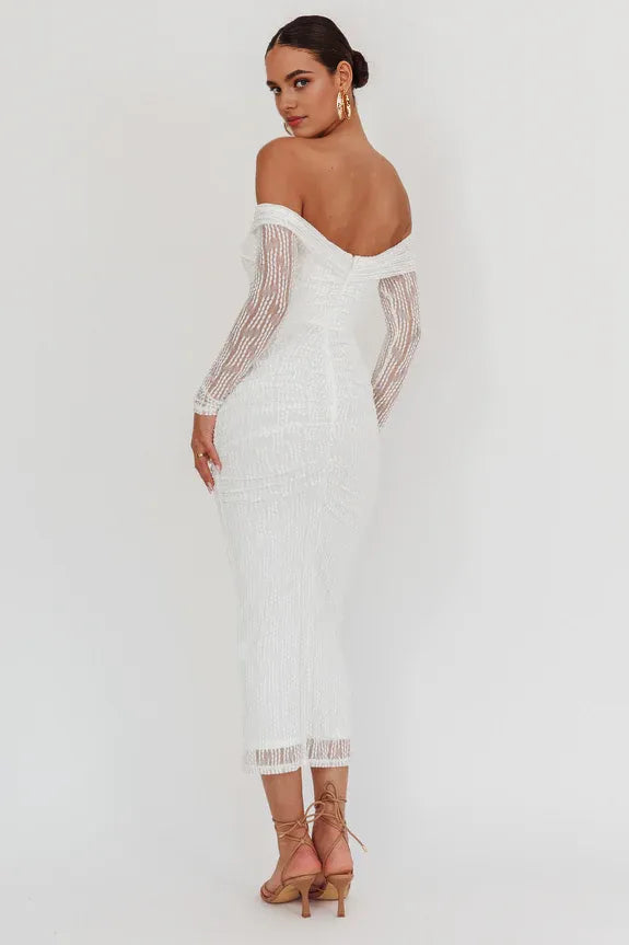 Off-Shoulder Long Sleeves Mesh White Maxi Homecoming Dress Prom Dress
