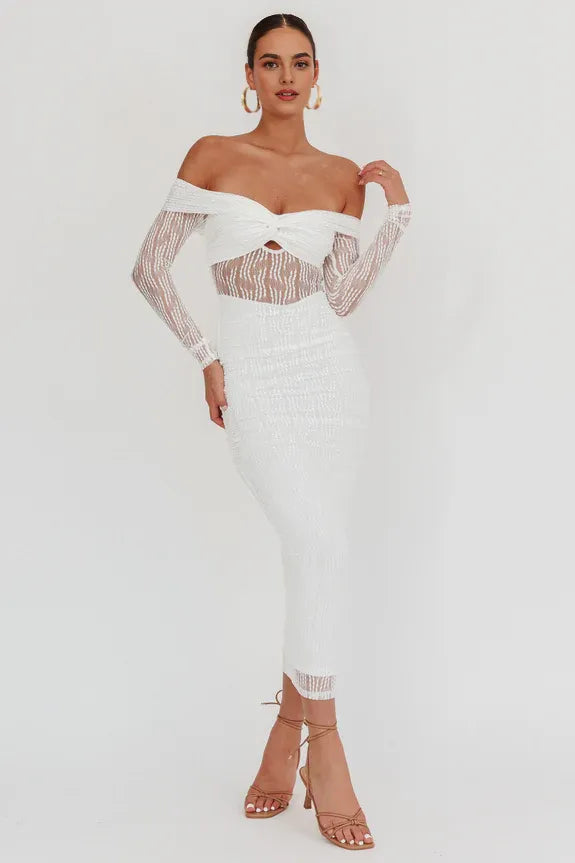 Off-Shoulder Long Sleeves Mesh White Maxi Homecoming Dress Prom Dress