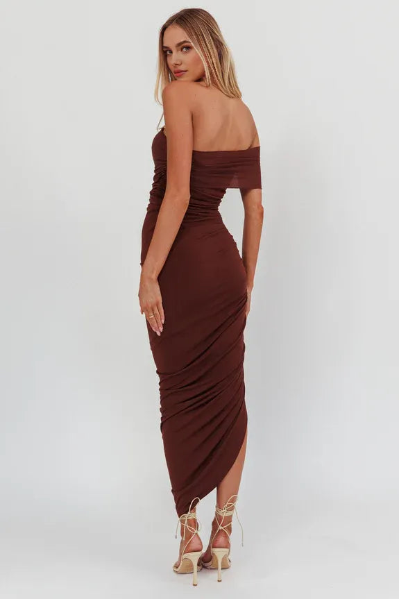 Off-Shoulder One Sleeve Bodycon Chocolate Maxi Homecoming Dress Prom Dress