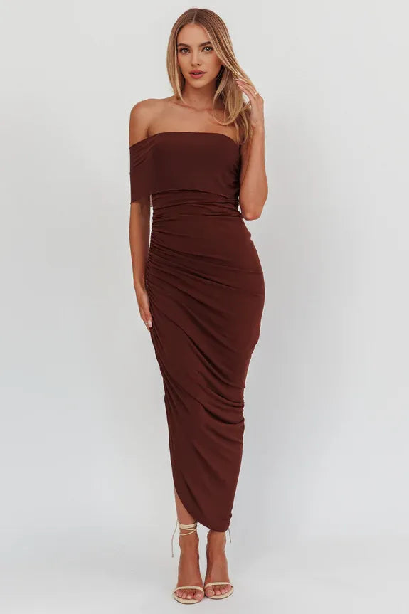 Off-Shoulder One Sleeve Bodycon Chocolate Maxi Homecoming Dress Prom Dress