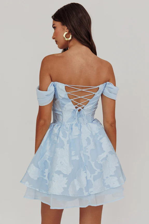 Off-Shoulder Pleated Lace-up Floral Prints Blue Mini Homecoming Dress