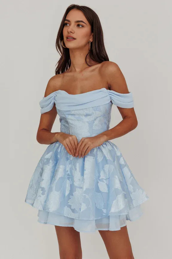 Off-Shoulder Pleated Lace-up Floral Prints Blue Mini Homecoming Dress