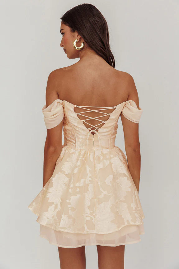 Off-Shoulder Pleated Lace-up Floral Prints Cream Mini Homecoming Dress