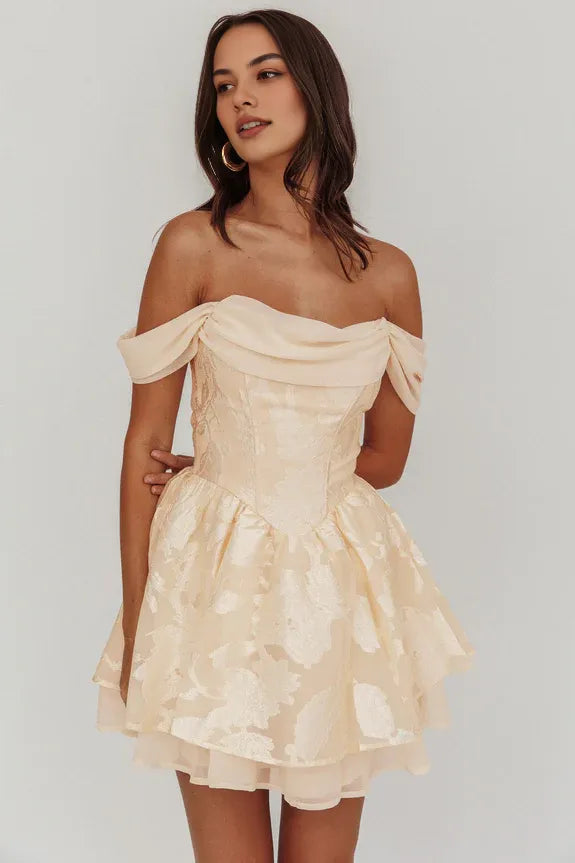 Off-Shoulder Pleated Lace-up Floral Prints Cream Mini Homecoming Dress