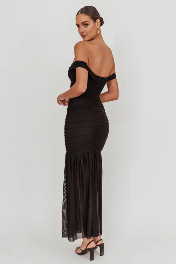 Off-Shoulder Pleated Mesh Black Maxi Homecoming Dress With Slit