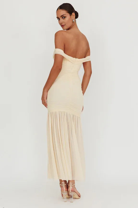 Off-Shoulder Pleated Mesh Ivory Maxi Homecoming Dress With Slit