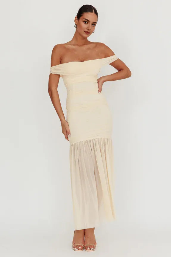 Off-Shoulder Pleated Mesh Ivory Maxi Homecoming Dress With Slit