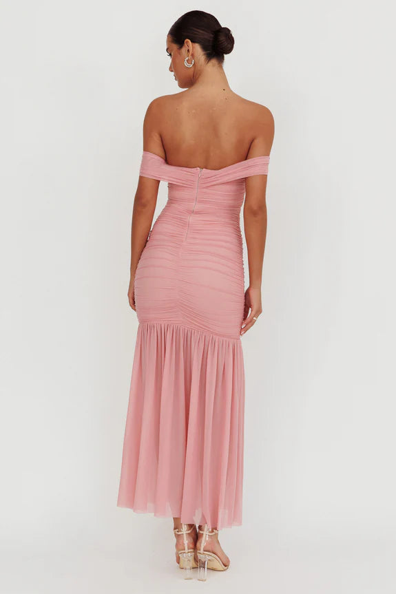 Off-Shoulder Pleated Mesh Pink Maxi Homecoming Dress Prom Dress With Slit