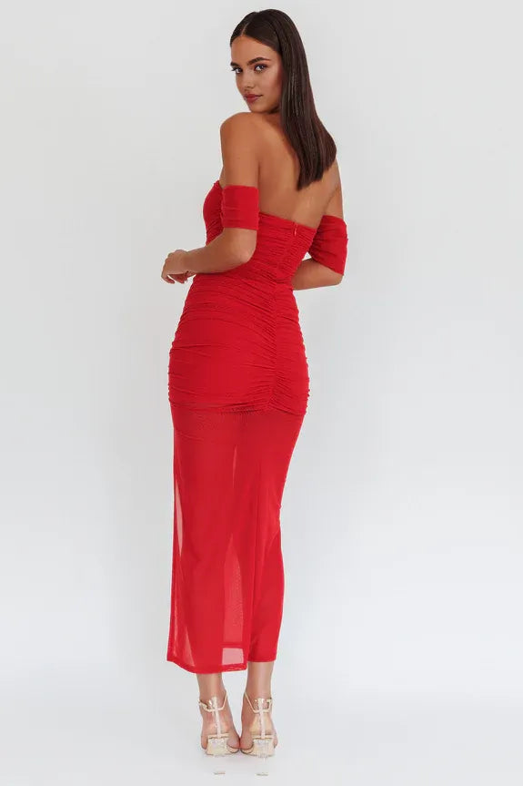 Off-Shoulder Pleated Mesh Red Maxi Homecoming Dress With Slit