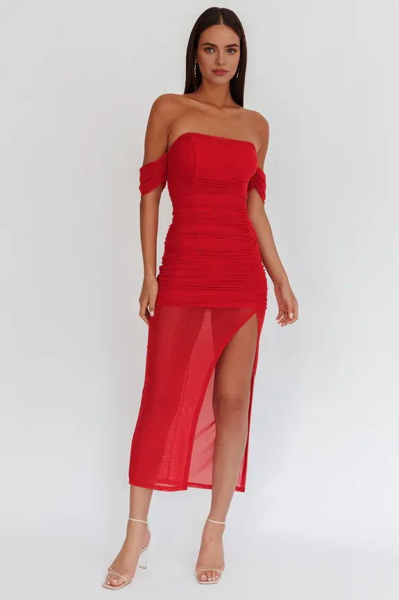 Off-Shoulder Pleated Mesh Red Maxi Homecoming Dress With Slit