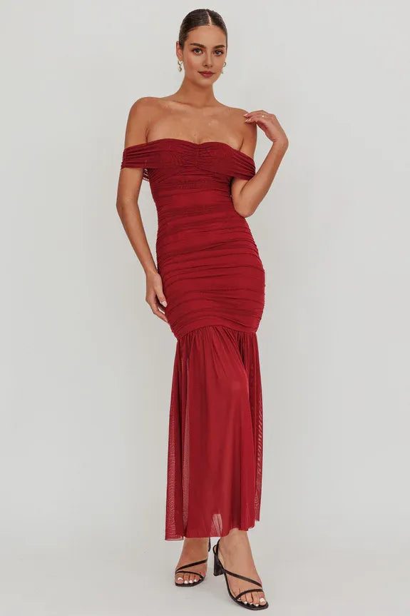 Off-Shoulder Pleated Mesh Wine Maxi Homecoming Dress With Slit