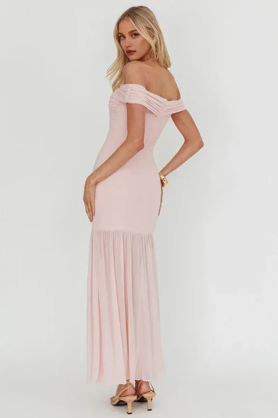 Off-Shoulder Pleated Sheer Hem Pink Gold hardware Long Prom Dress