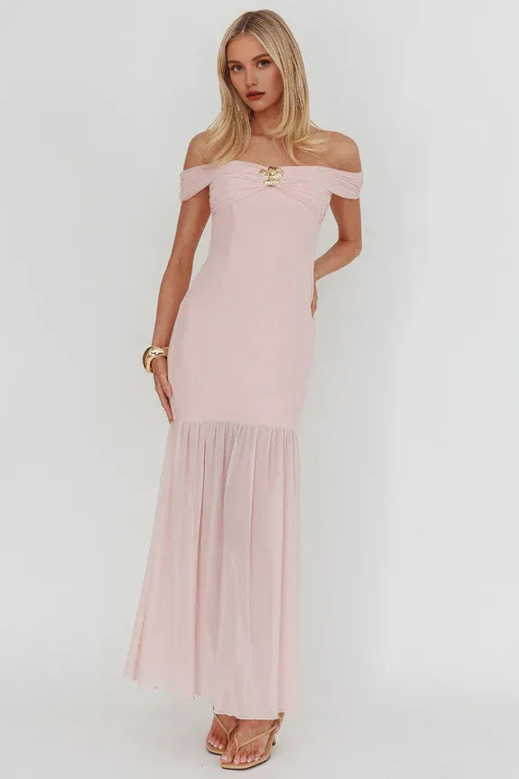 Off-Shoulder Pleated Sheer Hem Pink Gold hardware Long Prom Dress