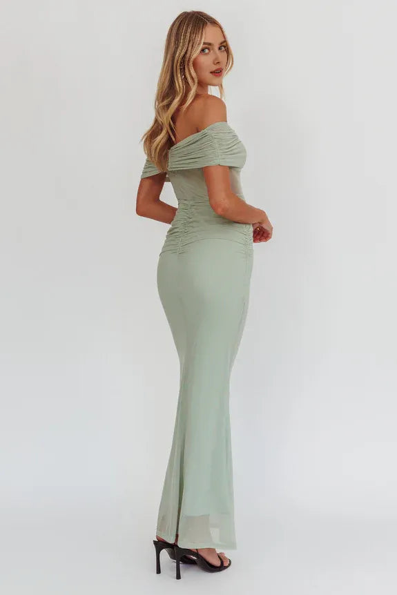 Off-Shoulder Pleated Sheer Waste Sage Maxi Homecoming Dress Prom Dress