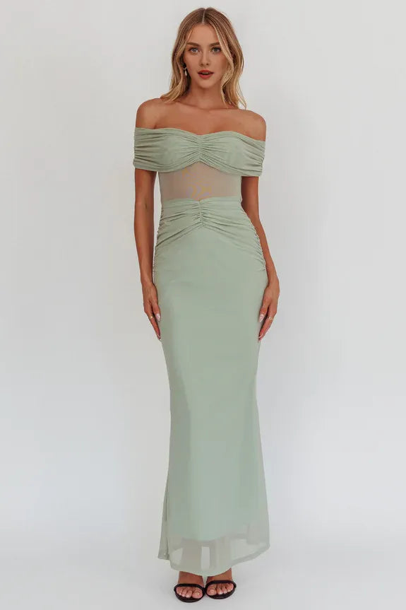 Off-Shoulder Pleated Sheer Waste Sage Maxi Homecoming Dress Prom Dress