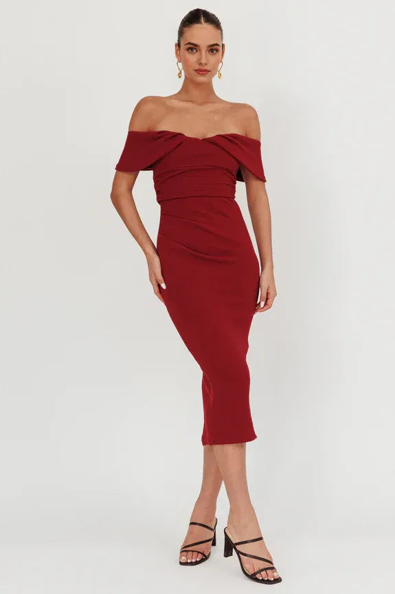 Off-Shoulder Pleated Wine Midi Homecoming Dress Prom Dress With Back Split