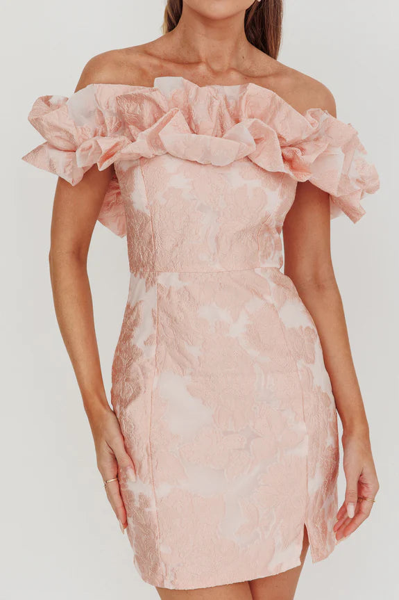 Off-Shoulder Ruffle Jacquard Blush Mini Homecoming Dress With Slit