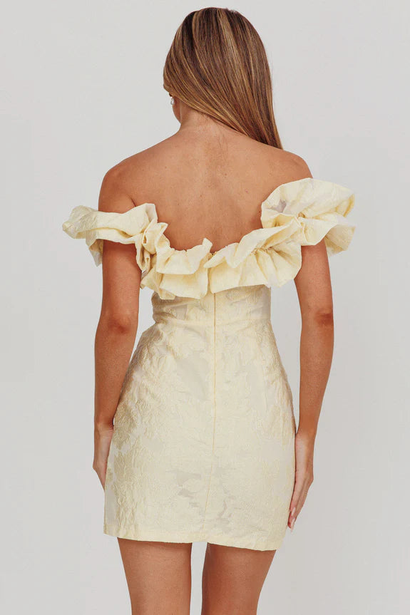 Off-Shoulder Ruffle Jacquard Lemon Mini Homecoming Dress With Slit