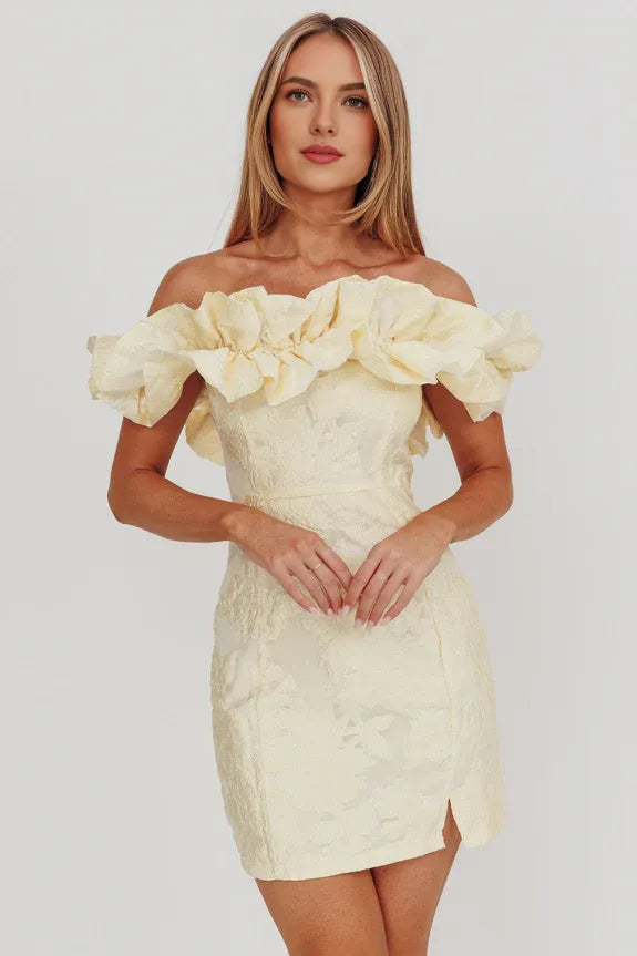 Off-Shoulder Ruffle Jacquard Lemon Mini Homecoming Dress With Slit