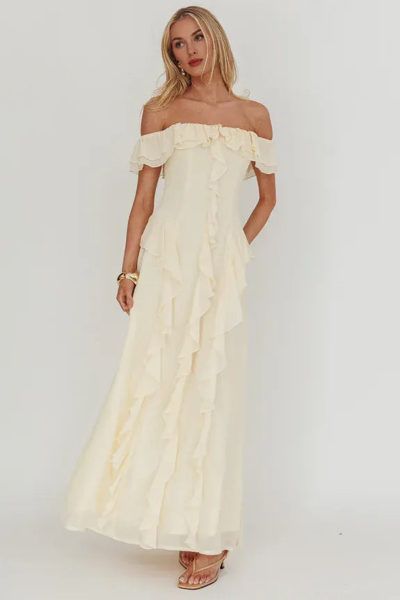 Off-Shoulder Ruffle Trim Sage Maxi Evening Dress Party Dress Ready To Ship