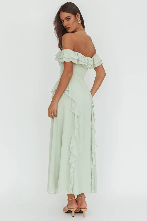 Off-Shoulder Ruffle Trim Sage Maxi Evening Dress Party Dress Ready To Ship