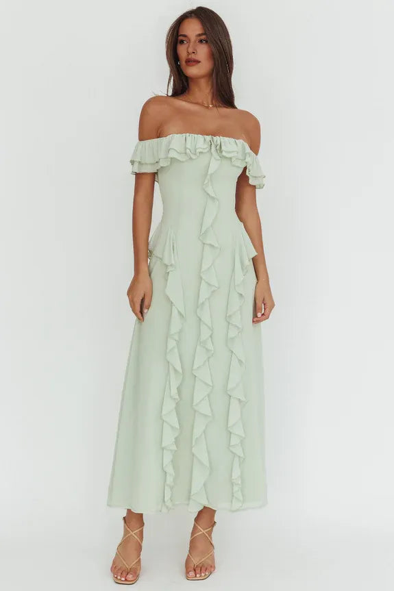 Off-Shoulder Ruffle Trim Sage Maxi Evening Dress Party Dress Ready To Ship