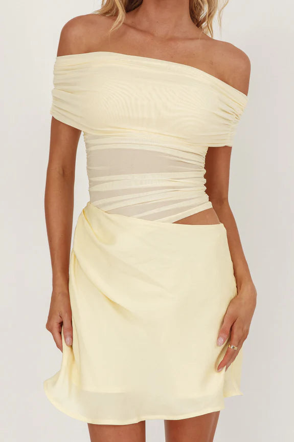 Off-Shoulder Short Sleeves Pleated Cutout Butter Mini Homecoming Dress